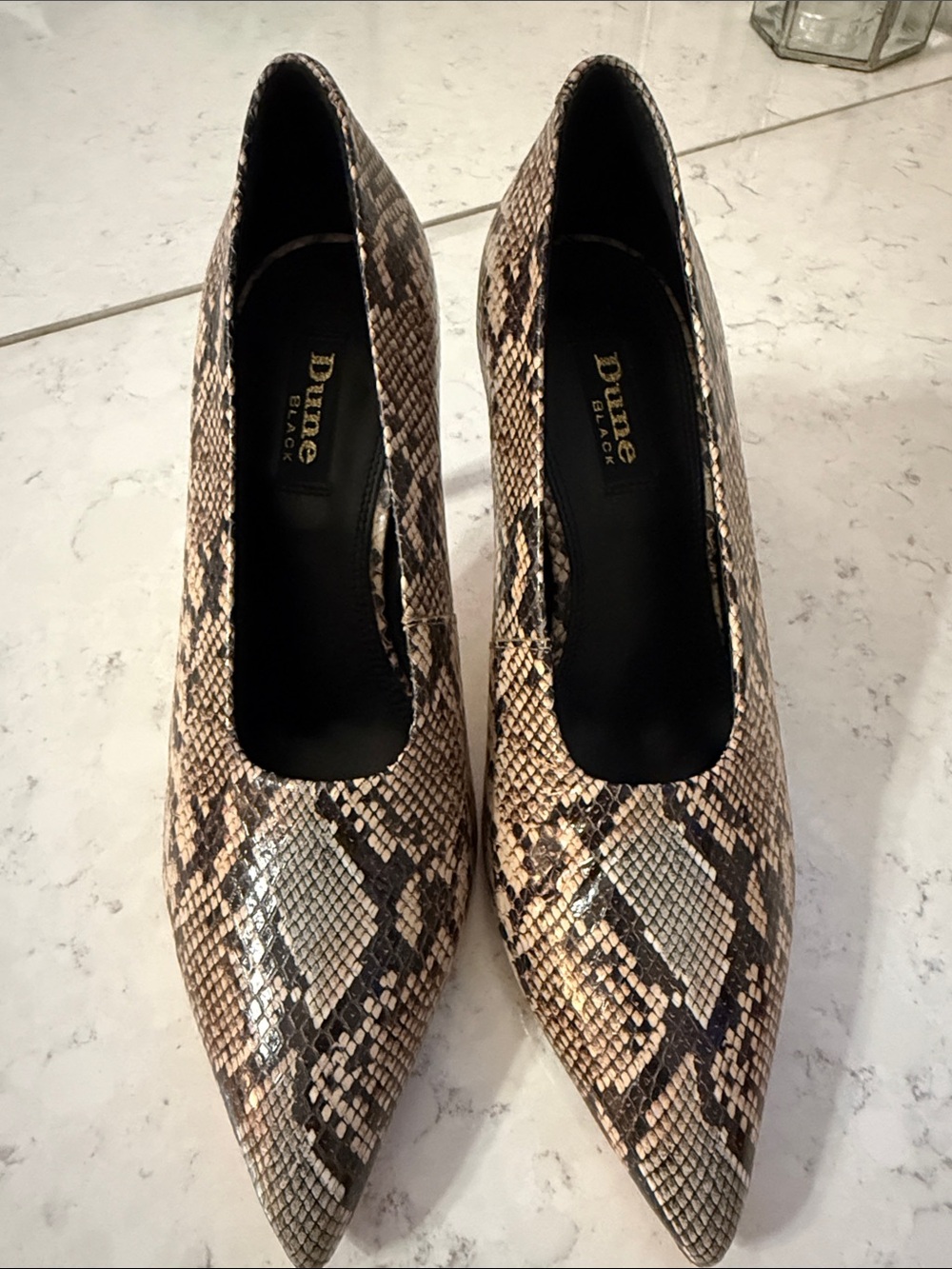 Dune London Snake-Print Pointed Heels in Beige and Brown